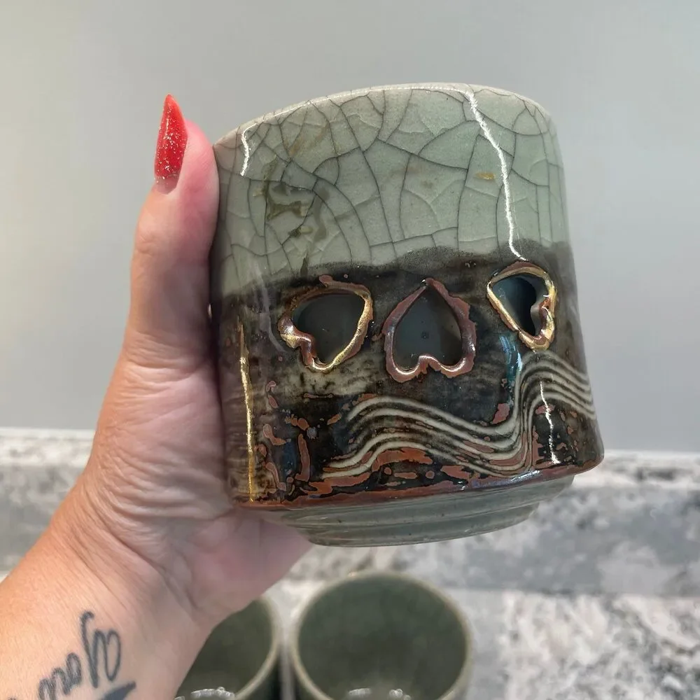 Vintage Somayaki Soma Ware Green Crackle Gold Horse Double Wall Mugs Set 6